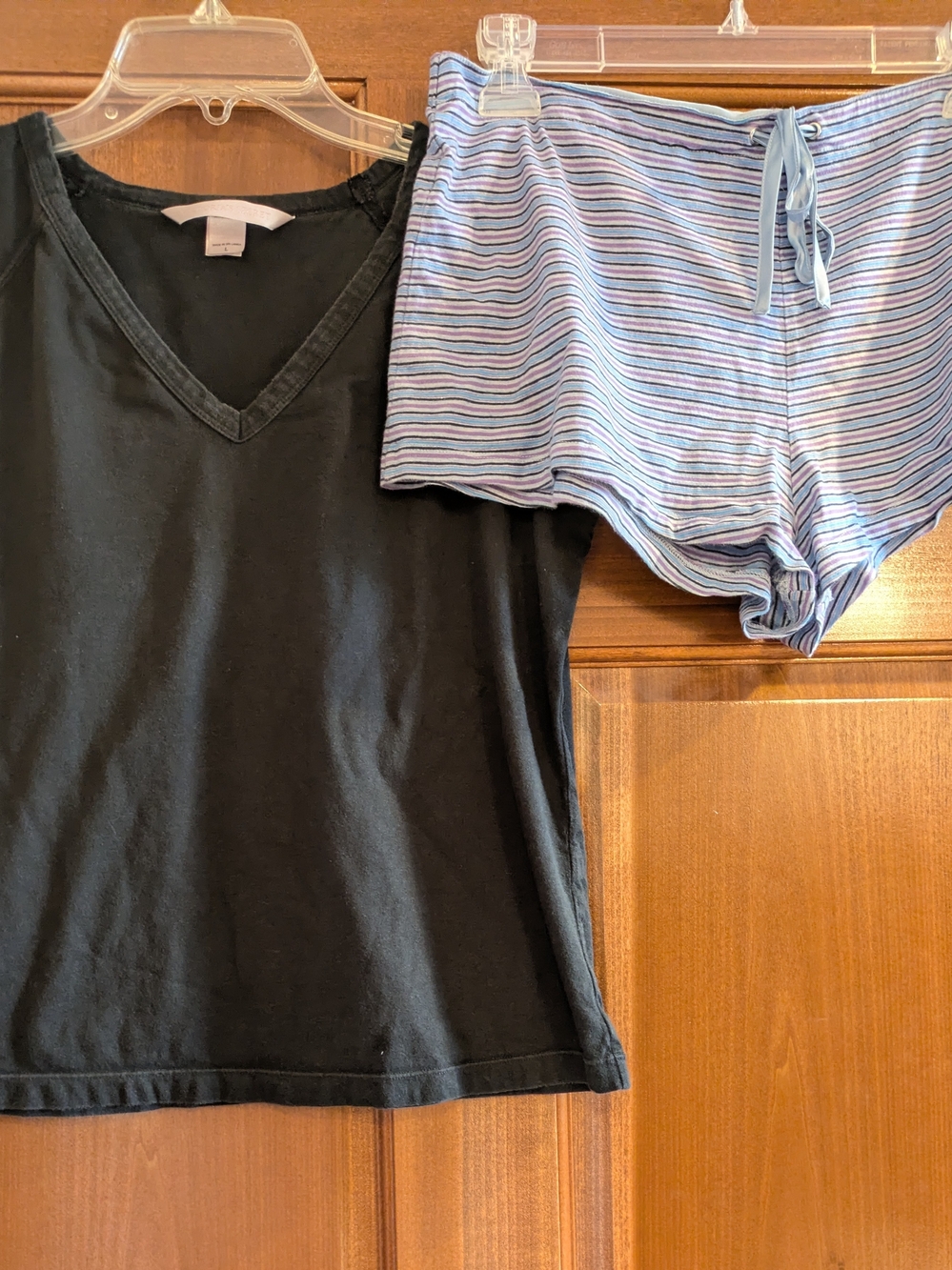 Victoria's Secret Black V-Neck Top with Blue Striped Pajama Shorts